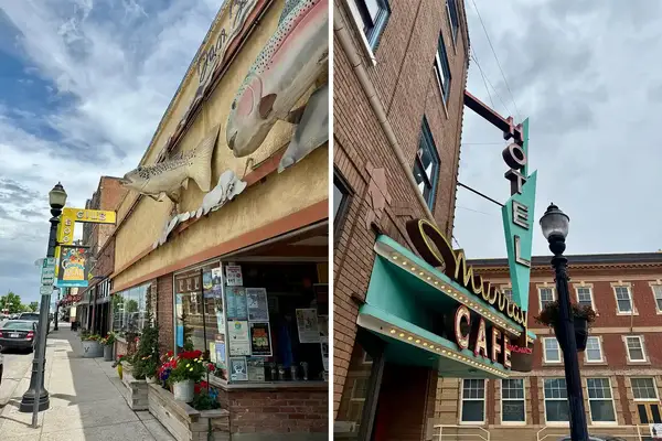 Two images of a small town street with storefronts featuring a dinosaur decoration and a hotel sign for the Mint Bar and Grill