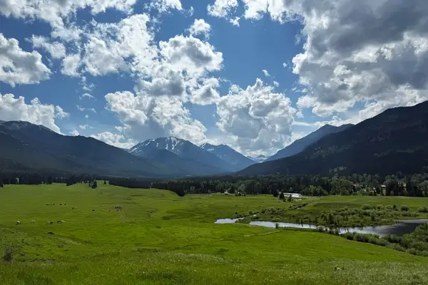 Scenic view of a meadow with mountains and a partly cloudy sky in the background a stream flows through the greenery