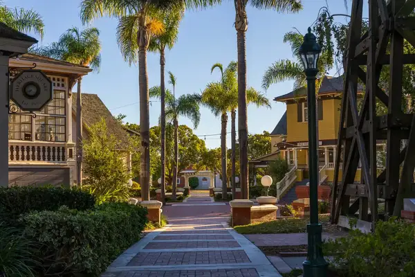 A tranquil walkway lined with houses and palm trees in a neighborhood