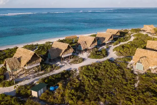 Aerial view of huts on the beach