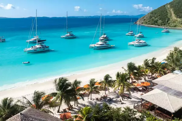 Aerial view of boats docked near a beach