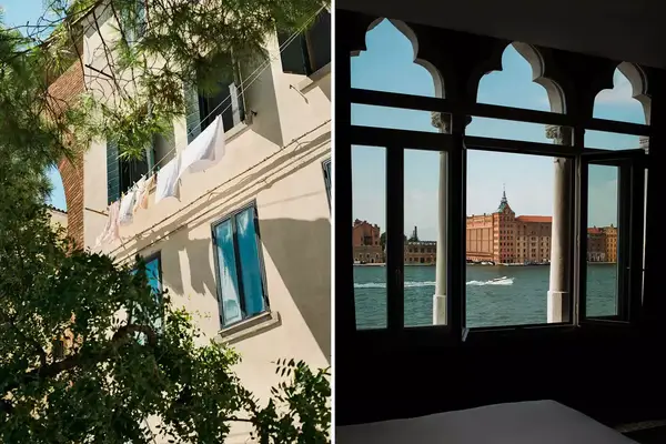 Scenes from Venice Italy. At left, laundry hanging above the street in the Cannaregio neighborhood; at right, view of a boat on Venice