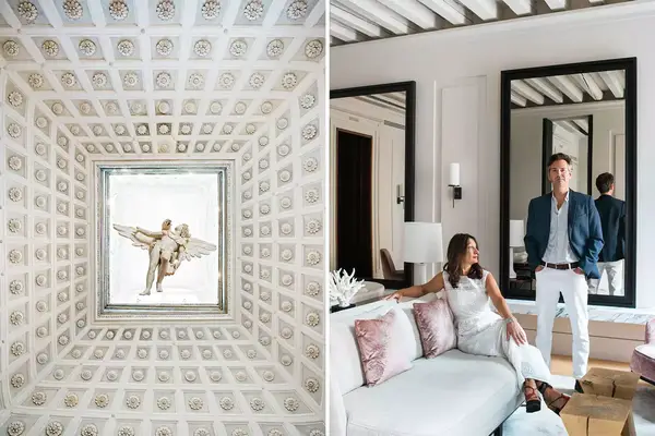 Scenes from Venice, Italy: at left: the Abduction of Ganymede sculpture at the Palazzo Grimani; Anna and Frederic in a room at their hotel, Palazzo Cristo