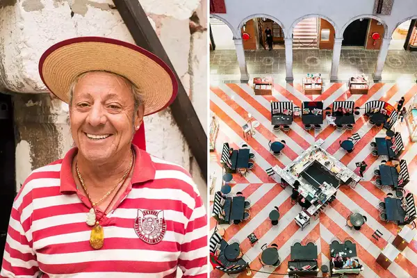 Scenes from Venice, Italy: at left, a gondolier in his traditional red-and-white striped uniform; an aerial view of restaurant Ama, with it