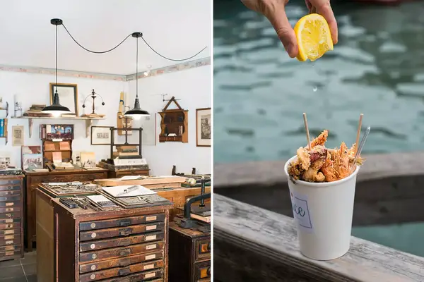 Scenes from Venice, Italy: at left, interior at the Gianni Basso Stampatore printers shop; at right; squeezing lemon on mixed fried seafood from Wenice