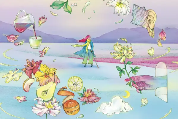 A conceptual illustration in pastel tones showing themes of traveling as a person with visual impairment