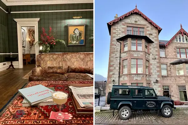 Two images side by side, one of an interior room with a sofa and table, and the other of a building exterior with a vehicle parked outside