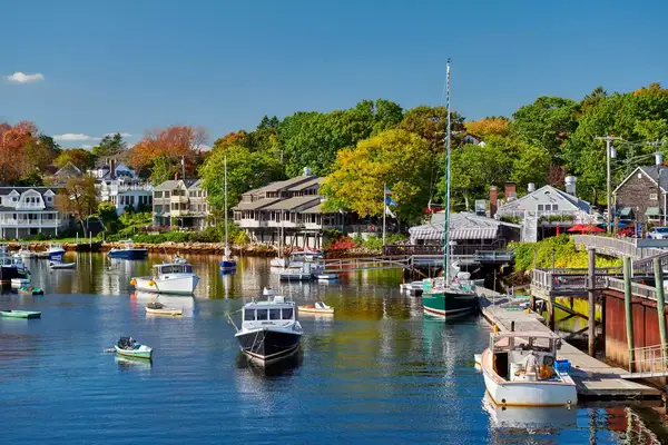 Fishing boats docked in Perkins Cove, Ogunquit, on coast of Maine south of Portland, USA
