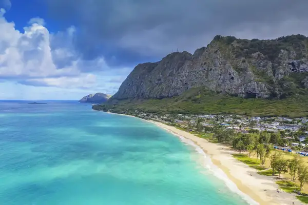Aerial view by drone, Waimanalo beach, Oahu Island, Hawaii, United States of America, North America