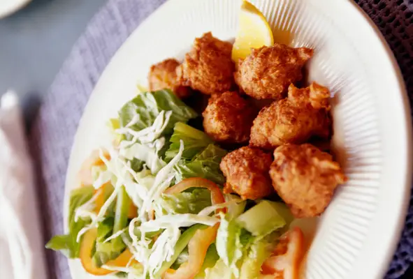 A dish of fried food and salad at the Sandbox Bar restaurant on Prickly Pear Island in the British Virgin Islands.