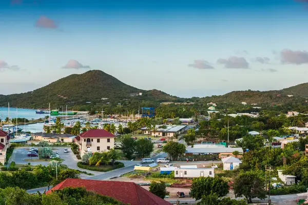 British Virgin Islands, Virgin Gorda, Spanish Town, elevated town view, sunset