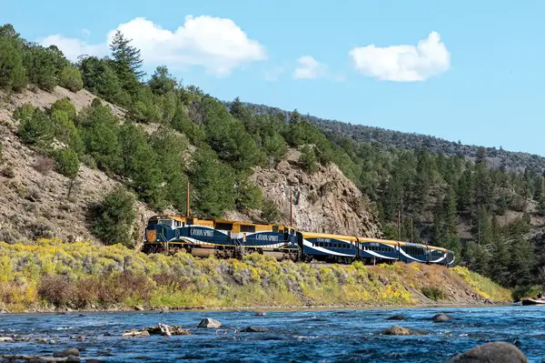 A scenic train traveling through a canyon beside a river surrounded by trees and rocky terrain