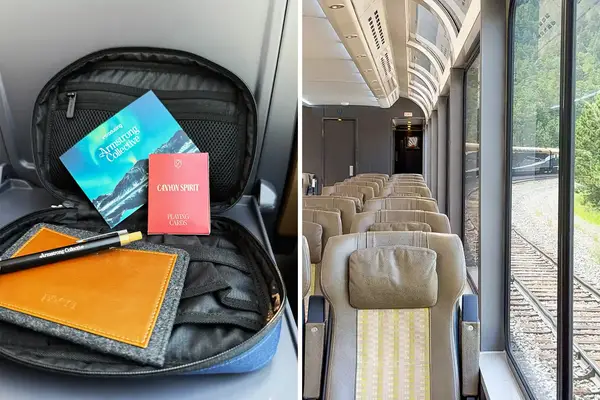 A travel amenity kit displayed open showcasing included items alongside an interior view of a train carriage
