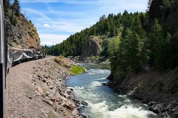 A scenic view from a train running beside a river in a canyon with trees and rock formations