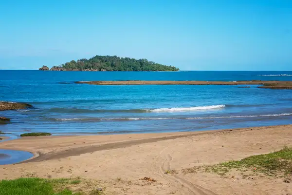 A captivating photo featuring a small island adorned with lush tropical rainforest vegetation off the coast of Puerto Limon. This island, known as QuiribrÃÂ­ or Isla Uvita, holds historical significance as it was visited by Christopher Columbus during his fourth voyage in 1502. Today, it serves as a scenic destination for tours, offering enchanting trails and opportunities to enjoy the diverse birdlife.