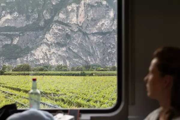 A person looking out the window of a train
