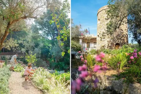 Two photos from villa rental Fincadelica, in Ibiza, showing people working in the garden, and a stone tower