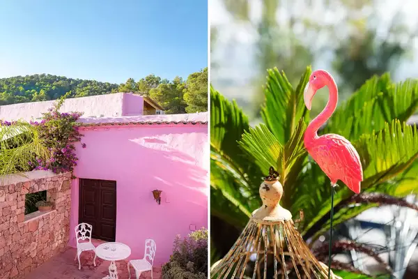 Two photos from Pikes hotel in Ibiza, highlighting pink decor on the property