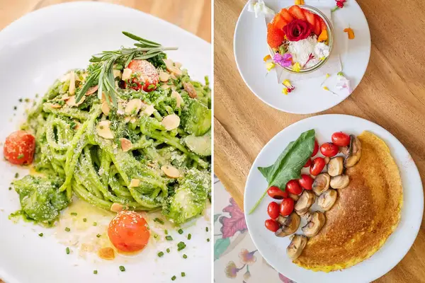 Vegan spaghetti and vegan omelette from two restaurants in Ibiza