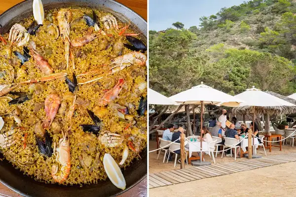 Two photos from Es Torrent restaurant, one showing a shellfish paella, and one showing diners on a terrace
