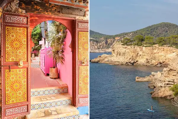 Two photos from Ibiza, showing a colorful doorway at a hotel, and a rocky cliff coastline with a paddleboarder in the water
