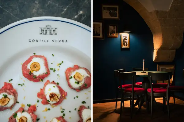 A dish of octopus served at Cortile Verga and a cozy dining area