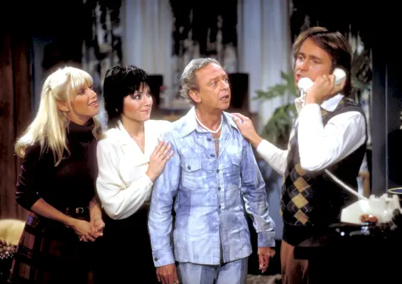 don knotts as mr furley with jack, janet, and chrissy in three’s company season 4