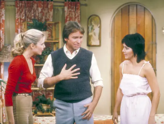 three’s company cast members priscilla barnes, joyce dewitt, and john ritter as terri, janet, and jack in season six