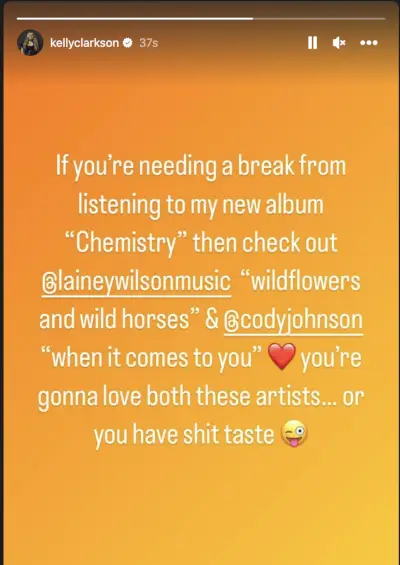 kelly clarkson instagram story about lainey wilson