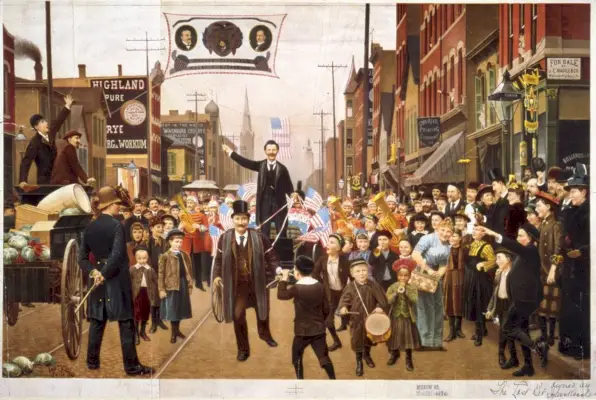 colorful news illustration of union parade scene on chicago street in 1893, a year before labor day was passed
