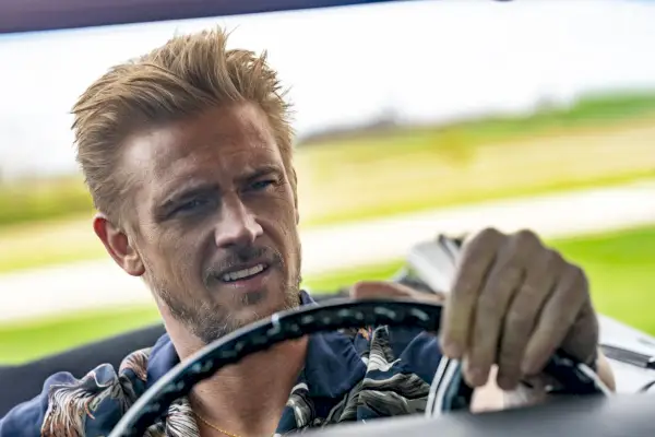 justified city primeval episode 1 boyd holbrook as clement mansell driving vintage car
