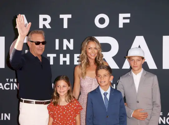 los angeles, california august 01 kevin costner, christine baumgartner and their children attend the los angeles premiere of 20th century foxs the art of racing in the rain held at el capitan theatre on august 01, 2019 in los angeles, california photo by michael tranfilmmagic