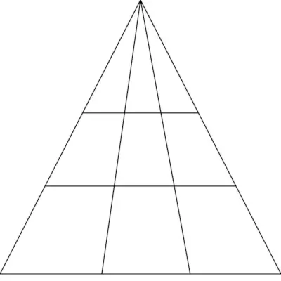 triangle with 2 lines from top point to bottom side and 2 lines cutting across creating 9 sections but 18 possible triangles