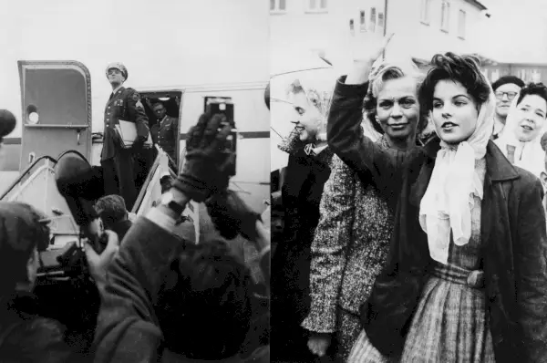 eingeschränkte rechte für bestimmte redaktionelle kunden in deutschland limited rights for specific editorial clients in germany presley, elvis, 08011935 16081977 , singer, actor, usa , left image elvis before his departure to the us from the military airport in frankfurt, after completing his military service in germany, right image his girl friend priscilla beaulieu is waving at him, who later became his wife photo by ullstein bild via getty images