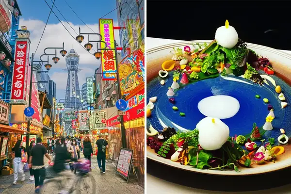 A pair of photos one showing a bustling street scene in Osaka and the other an elaborate food dish.