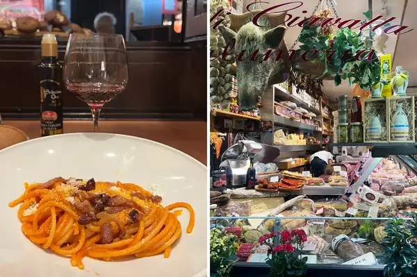 A plate of pasta and wine on the left a deli displaying meats and cheeses on the right