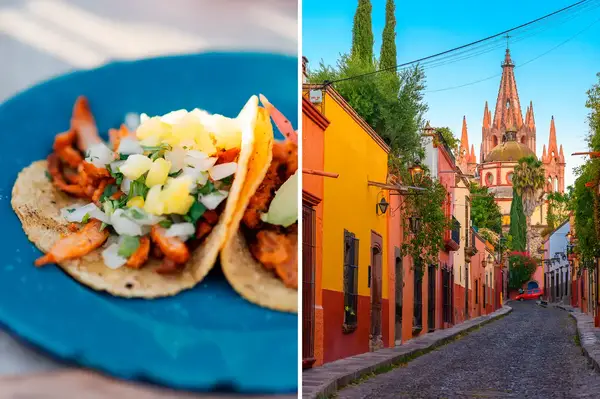 Street in San Miguel de Allende with a cathedral in the distance paired with tacos on a plate