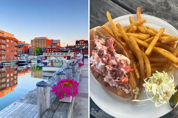 Split image of a waterfront harbor scene with buildings and boats and a plate of food including a lobster roll with fries and slaw