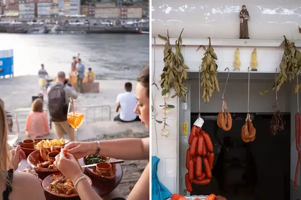 Two scenes people dining outdoors by a waterfront various sausages and produce hanging on display indoors