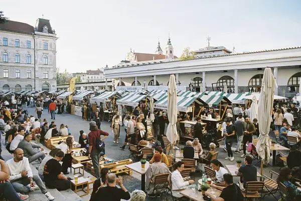 Crowds at a market in Slovenia