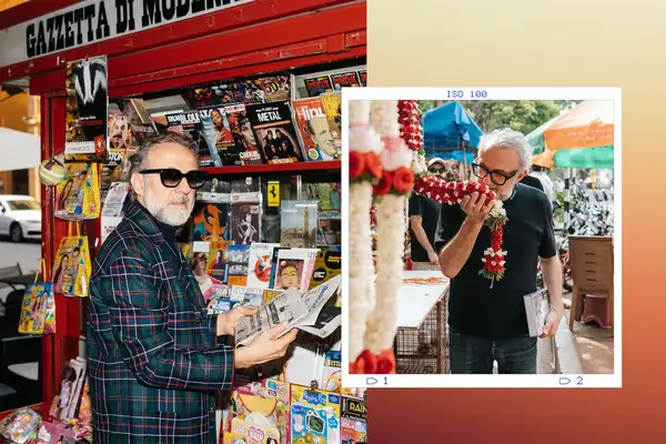 Massimo Bottura in two separate settings, reading at a newsstand and engaging with flowers at an outdoor market