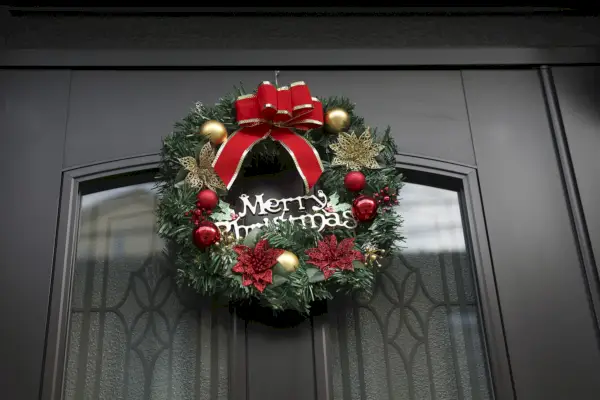 christmas wreath hanging on the door