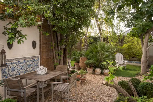 a table and chairs outside