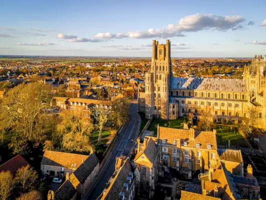 the aerial view of cathedral of ely, a city in cambridgeshire, england