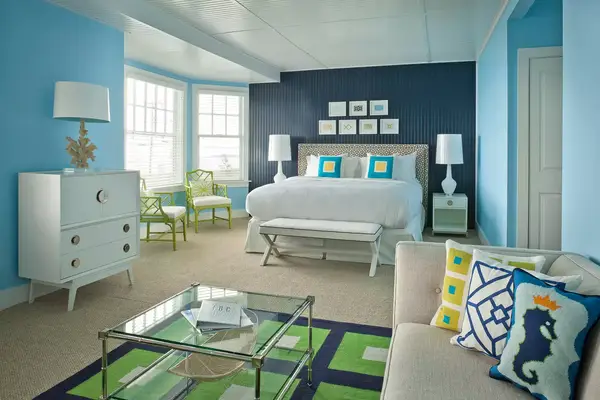 Colorfully decorated guest room at The Tides Beach Club