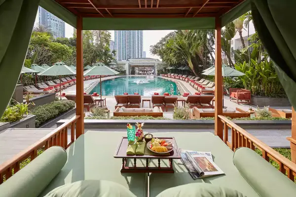 The pool from a cabana at the Mandarin Oriental Bangkok