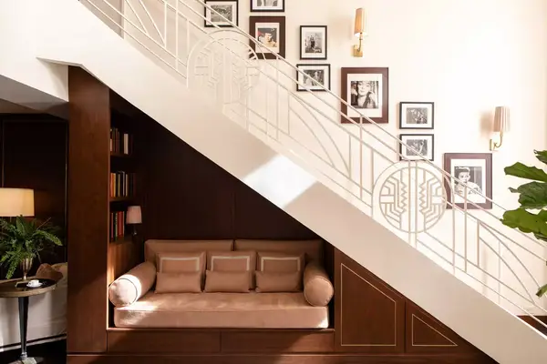 Interior stairway seating at Sunset Tower Hotel