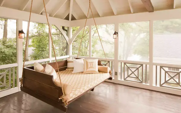 Large Comfortable Porch Swing in Screened Porch with Wooden Floor, Nashville, USA