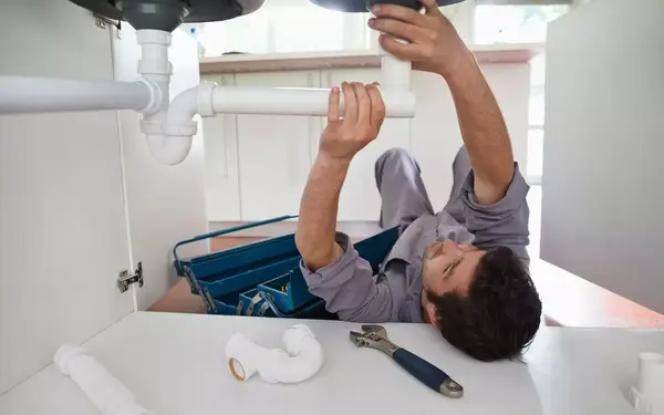 Plumber working on pipes under kitchen sink