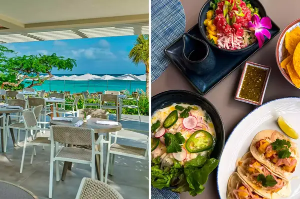 Outdoor dining area with ocean view, spread of dishes including tacos and poke bowl